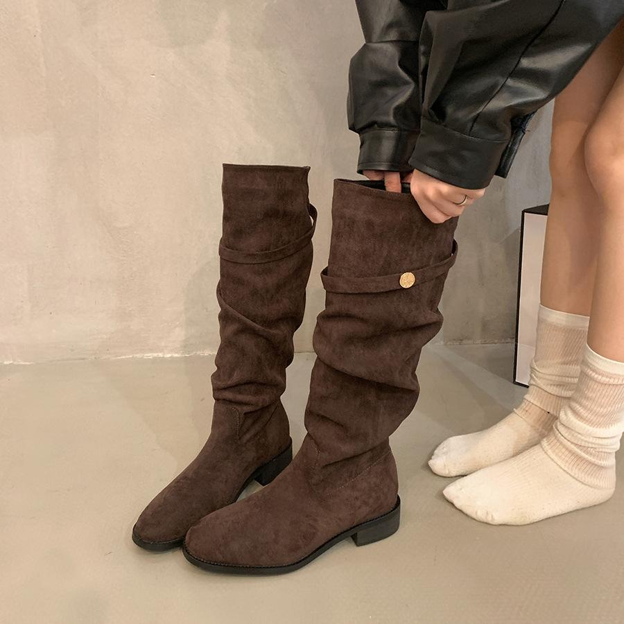 

Женские ковбойские сапоги до колена с круглым носком, низким толстым блочным каблуком, широкими голенями, нескользящие сапоги из искусственной замши в стиле вестерн для верховой езды для женщин 39 чёрный