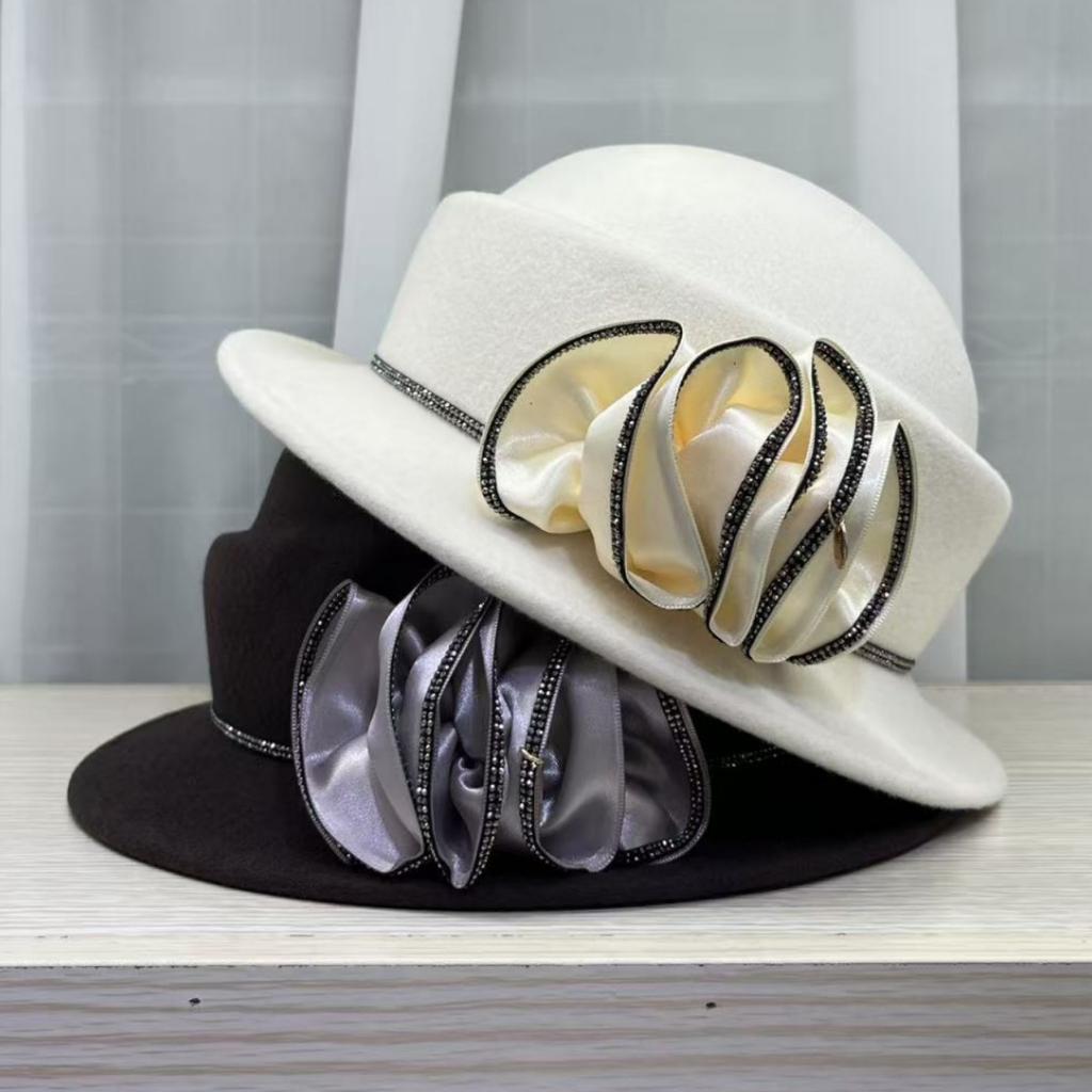 British autumn and winter Australian wool top hat women's flower thousand gold wind fashion versatile small pot hat French retro top hat