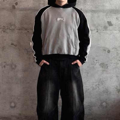European and American Street Trend Y2k Color Blocked Long Sleeved Pullover Hoodie