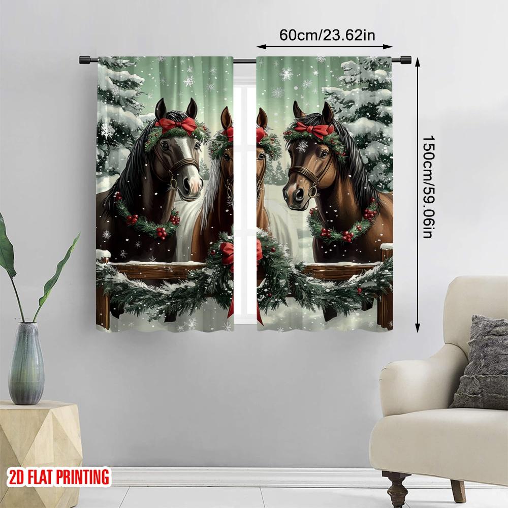 2pcs,2D Plane Printing Curtains Digital Printed Festive Horses Versatile 100% Polyester (without Rod) Decorations For Home Use