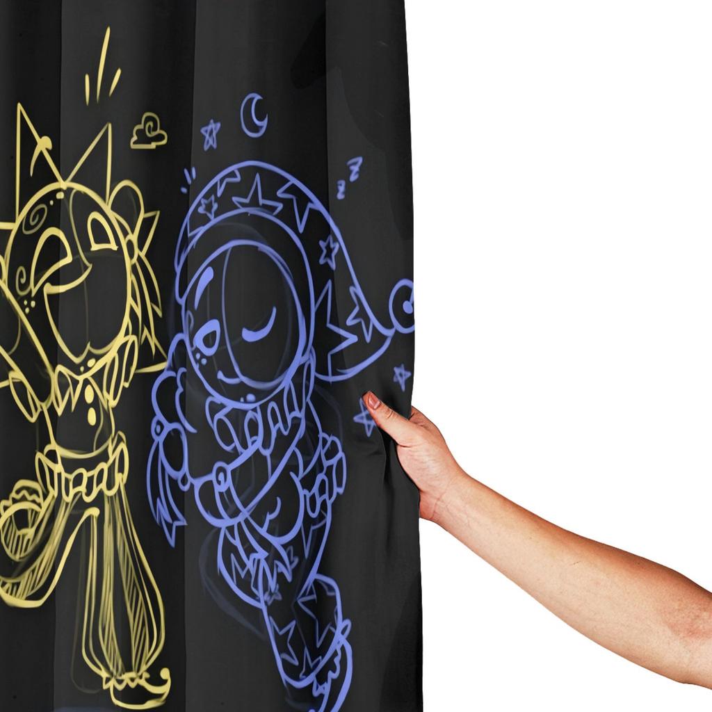 Sun And Moon Characters Shower Curtain With Hooks, Removable Bathroom Curtain, Birthday Gift, Polyester, Bathtub Partition, Bath