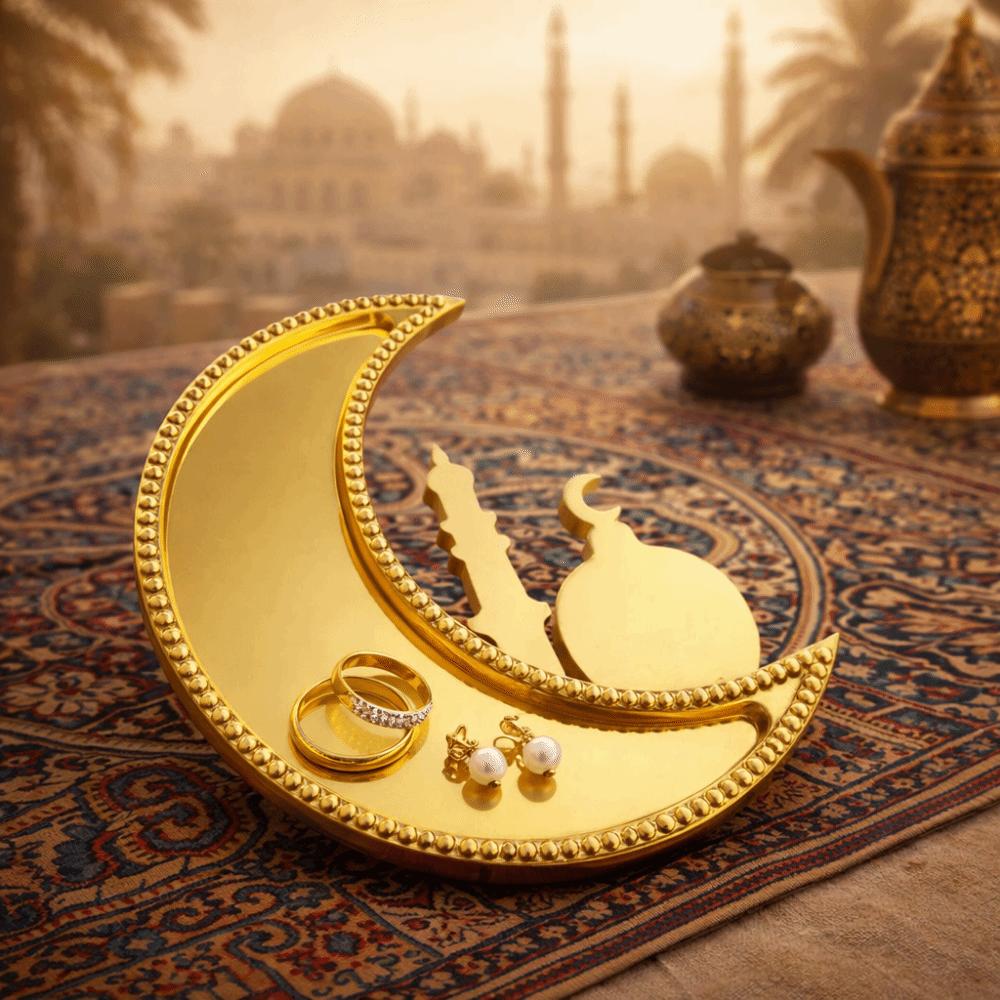 Elegant Ramadan Decorative Tray Moon Shaped Ramadan Festival Art Tray Desktop Decoration