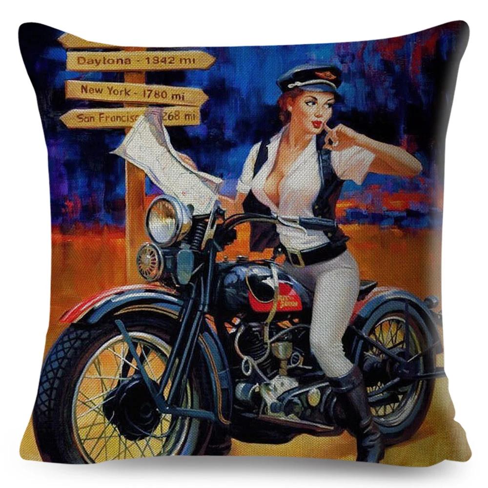 Vintage Sexy Motorrad Lady Kissenbezug Dekor Ölgemälde Cartoon Frauen Kissenbezug für Sofa Auto Polyester Kissenbezug 45x45