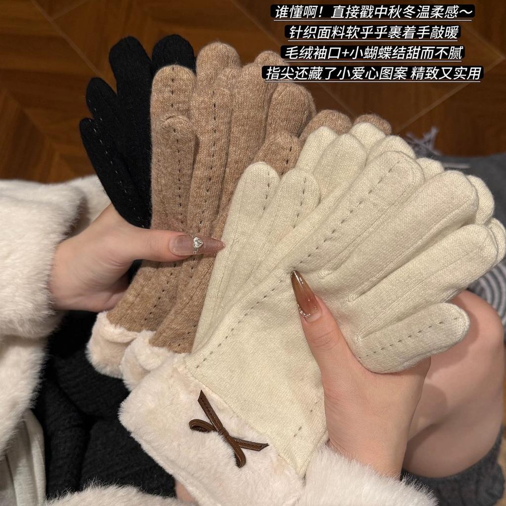 Korean Version of Gloves for Women's Autumn and Winter 2025 New Velvet Cold-proof and Warm Riding Driving Touch Screen Bow Plush Gloves