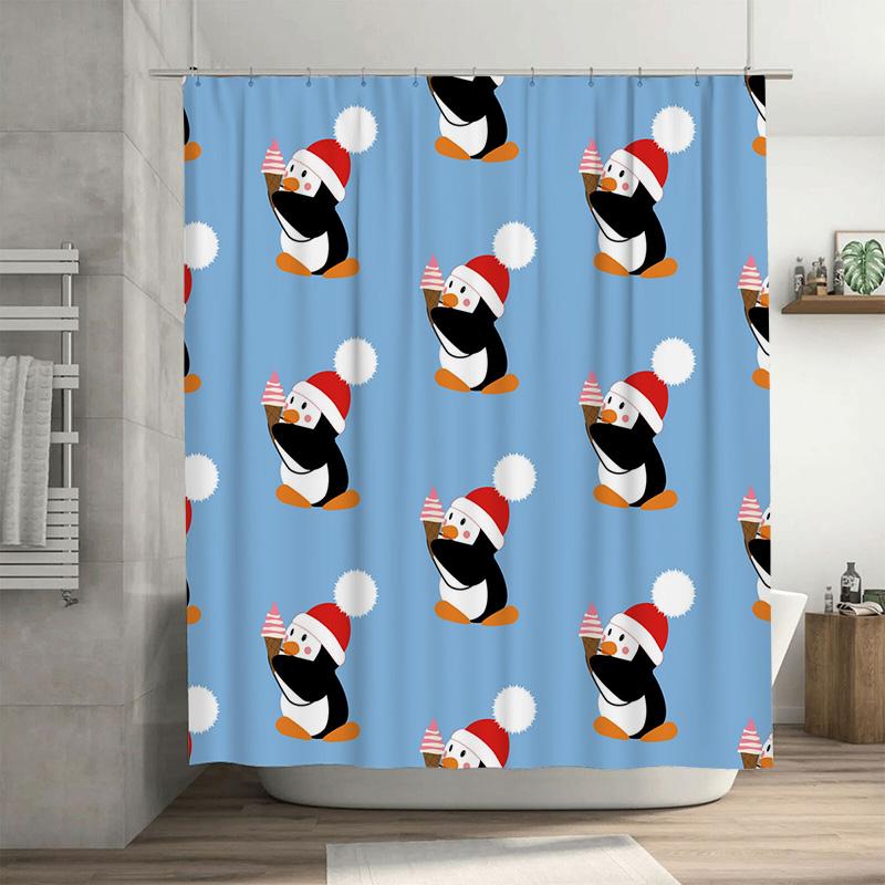 

Tu Cute Penguin Shower Curtain Waterproof Farmhouse Decor Blue Bathroom Fabric Backdrop Washable Holiday Gift W60H190(CM)-1 Pcs