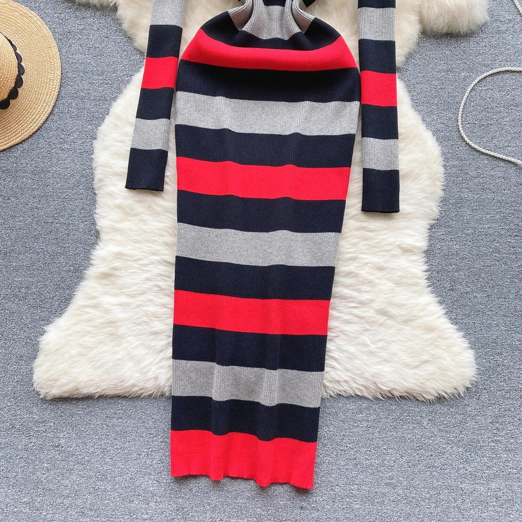 Rochie șic cu dungi pe jumătate guler înalt, tricot elastic, bodycon, cu mânecă lungă, pentru femei, la modă sexy, rochie de primăvară, subțire, rochie creion