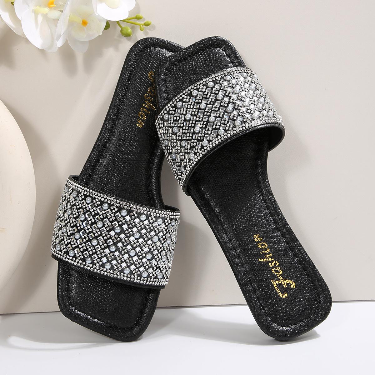 

[Foreign Trade] French square head rhinestone flat bottom one-word slippers female open-toed wear non-slip fairy wind sandals 43 чёрный