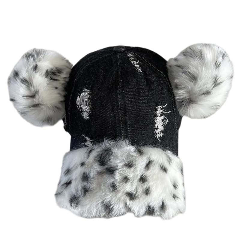 Fashionable Baseball Caps Unique Pompoms Furry Brim Dotted Pattern for Idol Concert Shows Stage Dance Headwear