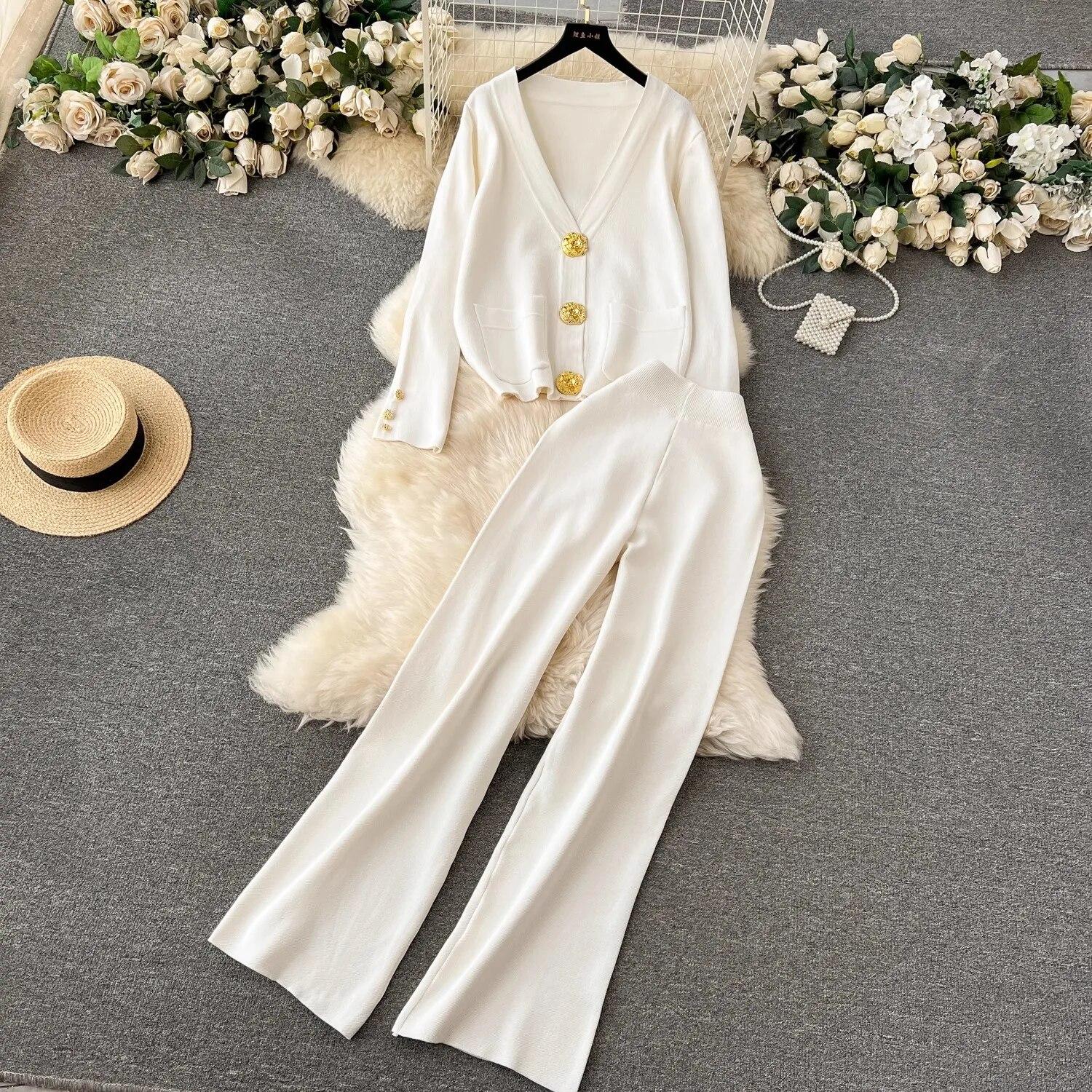 

Осень-зима, кардиган с золотыми пуговицами, v-образным вырезом и карманами, свитера + широкие брюки, спортивные костюмы, длинный комплект из двух предметов, плотная одежда One Size белый