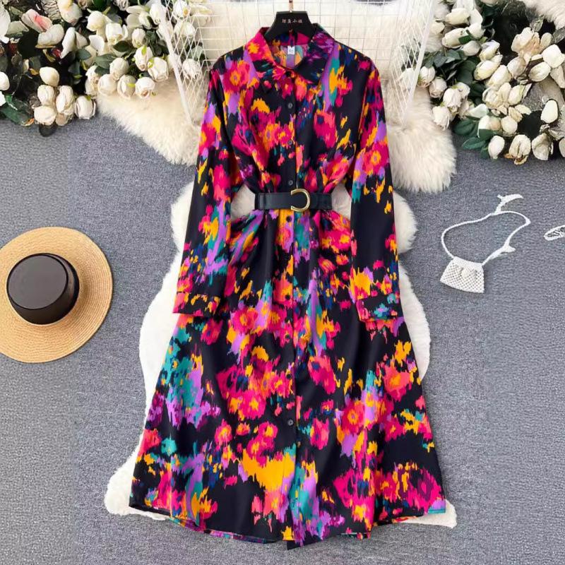 French retro light luxury high-end long-sleeved lapel single-breasted printed dress women's waist temperament big swing shirt skirt