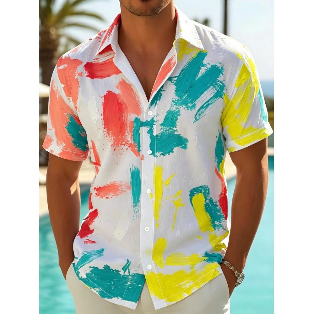 Men's Nightclub Style Colorful Splash Ink Casual Flower Shirt Trendy Laser Shattered Holiday Party Short Sleeve Shirt