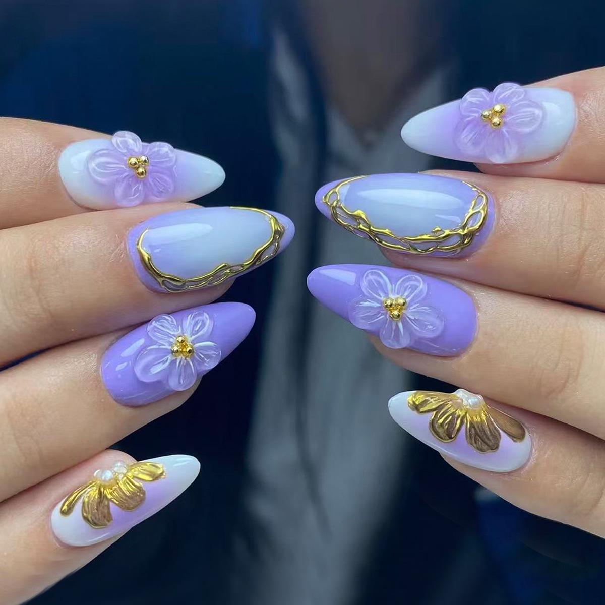 24-piece almond-shaped lace-edged gold-plated purple gradient 3D gel high-end wearable fake nails Sapphire Blue RY-01-99Jel