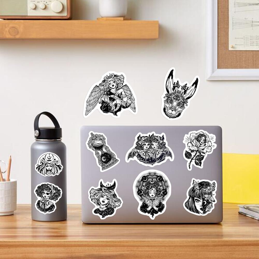 Fantasy Gothic Witch Stickers Black White DIY Toys Gift Decorative Decal for Laptop Phone Scrapbook Diary Luggage Waterproof