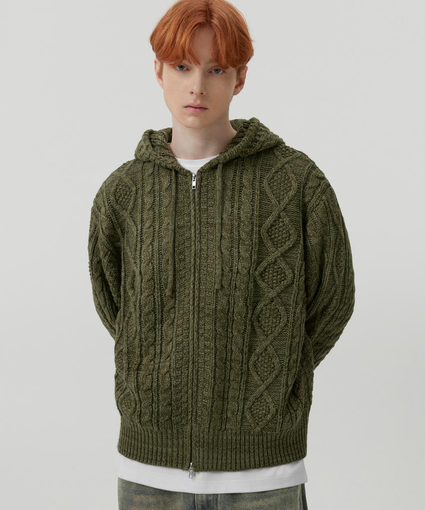 TRILLION Washable Aran Cable Hooded Zip-Up Knit (Khaki)