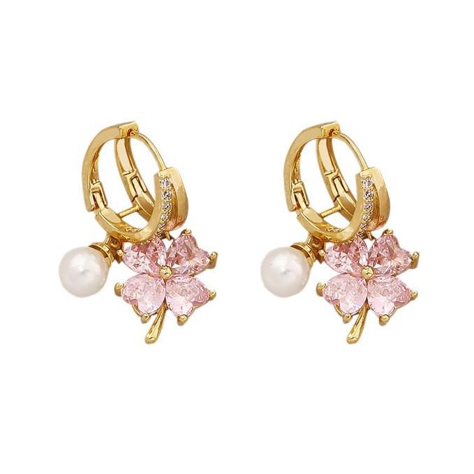 Pink Zircon Pearl Four-Leaf Flower Earrings - Elegant and Sweet Ear Clips