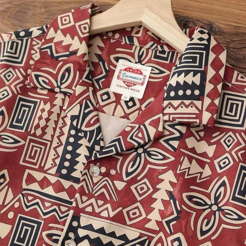 Plus Size Men's Vintage Geometric Print Shirt Casual Loose Short Sleeve Cuban Collar Shirt
