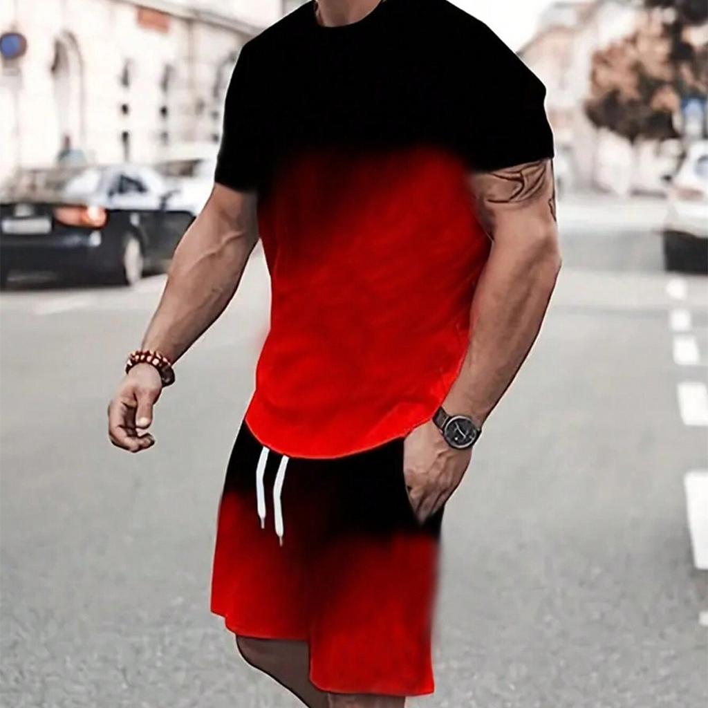 Manfinity Homme Pánske Letné Farebné Blokové Potlačené Ležérne Tričko s Krátkym Rukávom a Okrúhlym Výstrihom a Šortky so Sťahovacou Šnúrkou