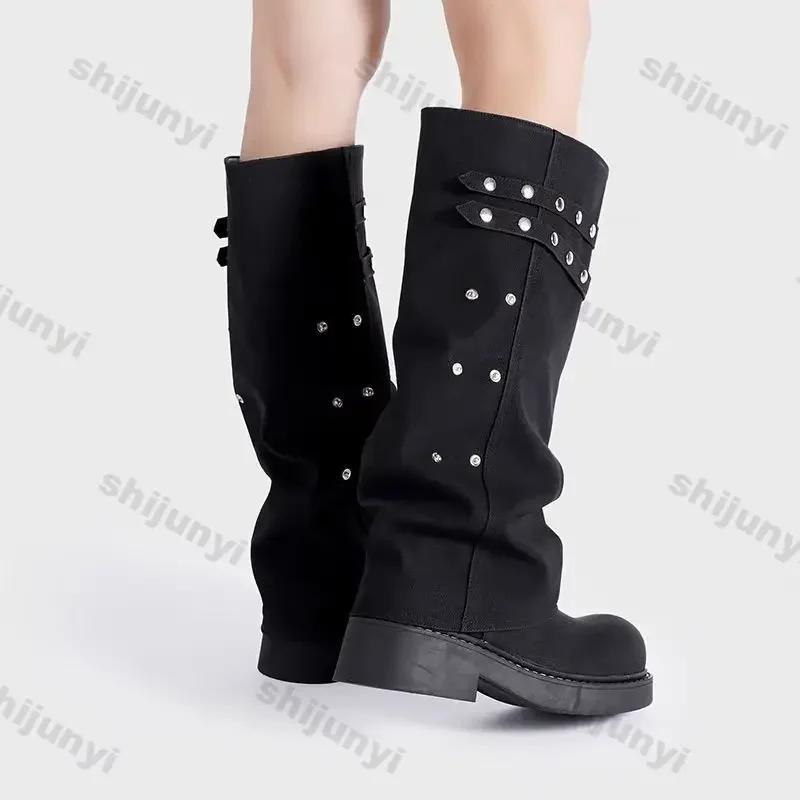 Fashion Women Platform Ankle High Pants Boots Winter Leather New Trend Fashion Designer Rivet Buckle Thick Soled Chelsea Botas Mujer