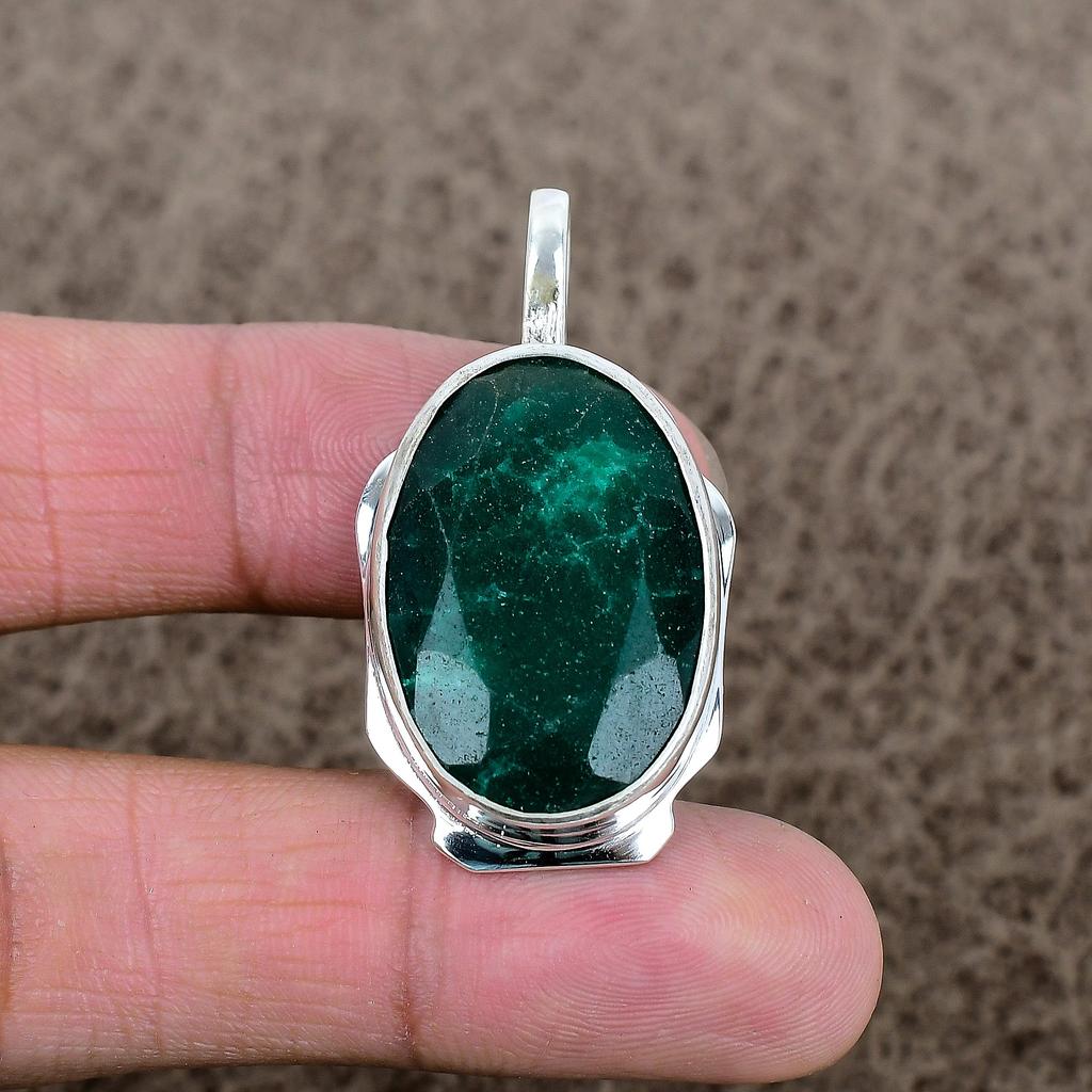 Green Jade Gemstone Handmade 925 Sterling Silver Jewelry Pendant 1.81" KKG-373