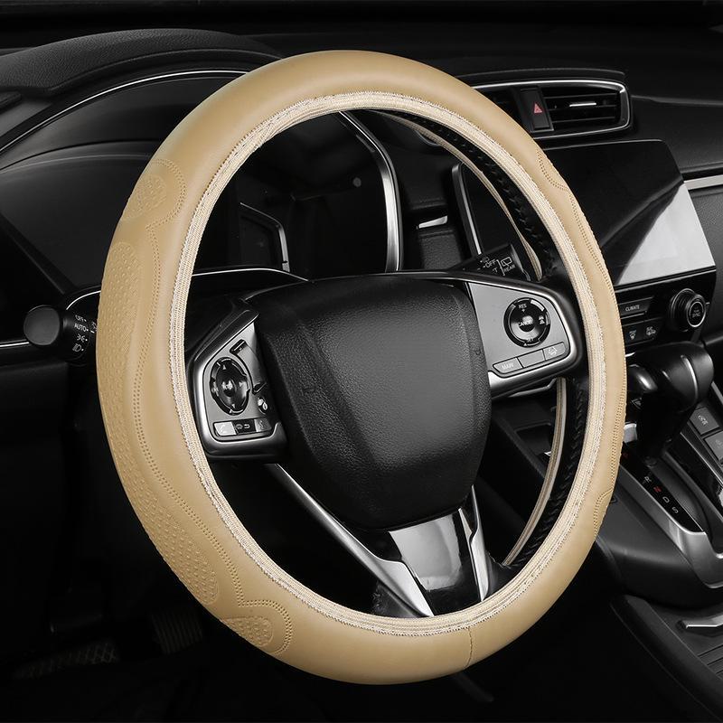 Exclusive Embossed Leather Double Circle Steering Wheel Cover with Universal Fit and Elastic Band