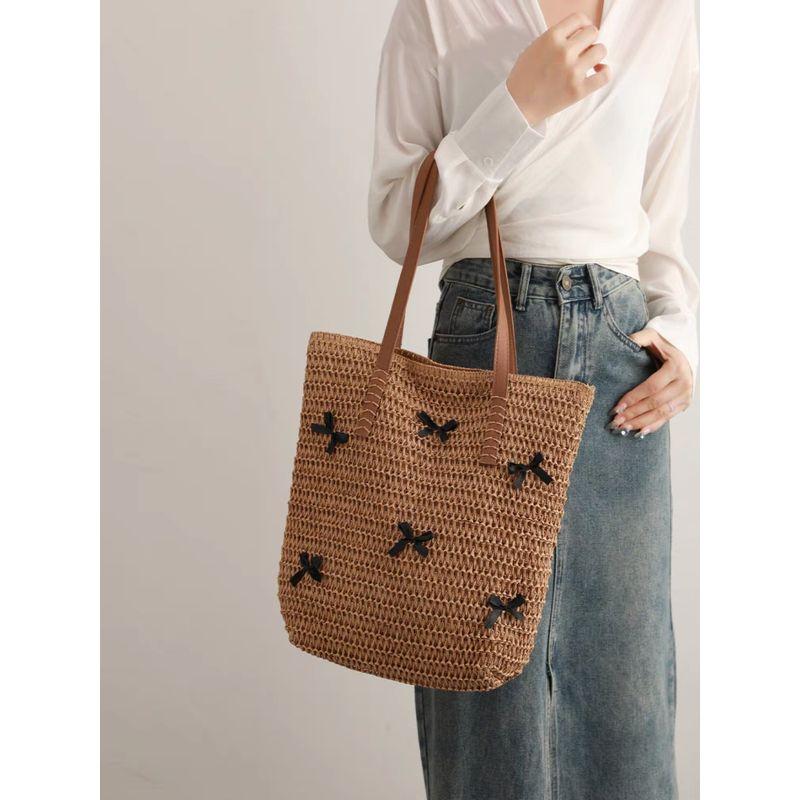 Beautiful Girl Bow Vacation Beach Straw Bag for Women 2025 New Large Capacity Versitile Fashion Tote Bag
