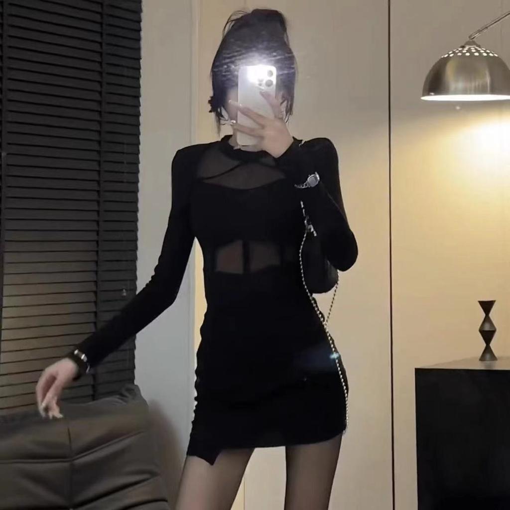 Autumn new high-end black hot girl sexy hip skirt mesh splicing hollow pure desire style slim dress