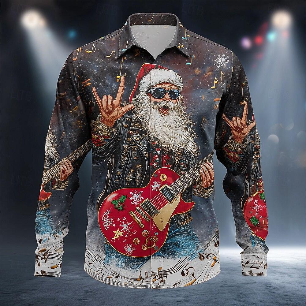 Christmas Men's Santa Claus Rock Guitar Shirt Button Up Shirt Long Sleeve Funny Christmas Gifts Spring 3D Print Collared Shirts