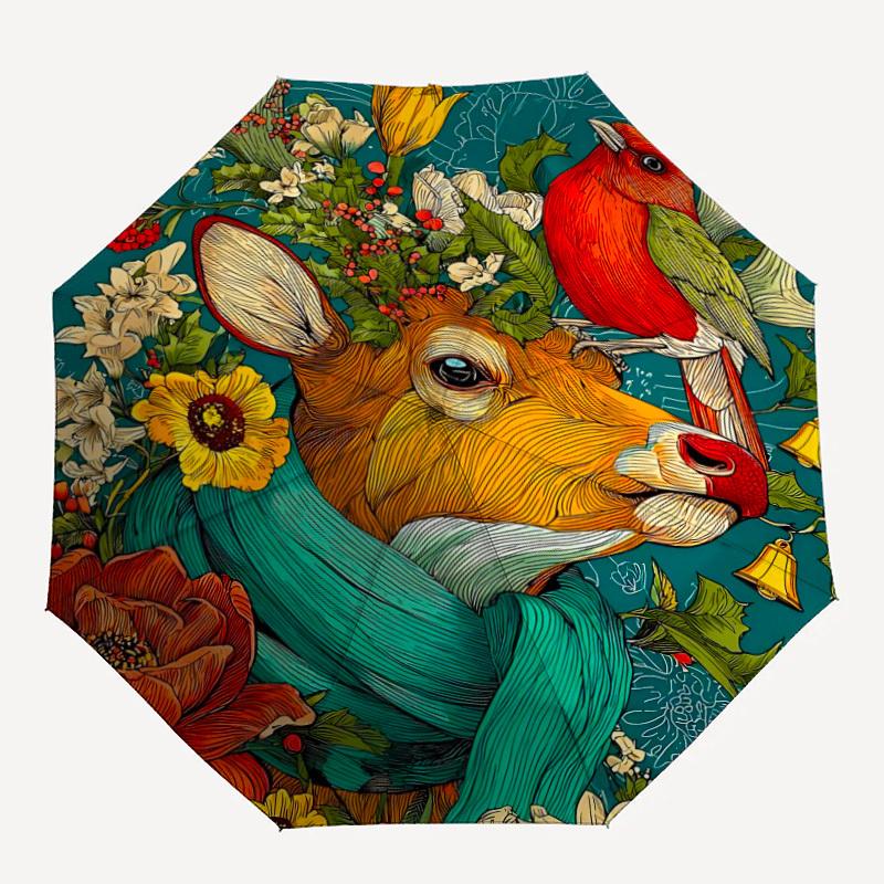 1PC Animal Art Floral Illustration Automatic Folding Umbrella, Portable & Foldable Design with 8 Ribs, 91