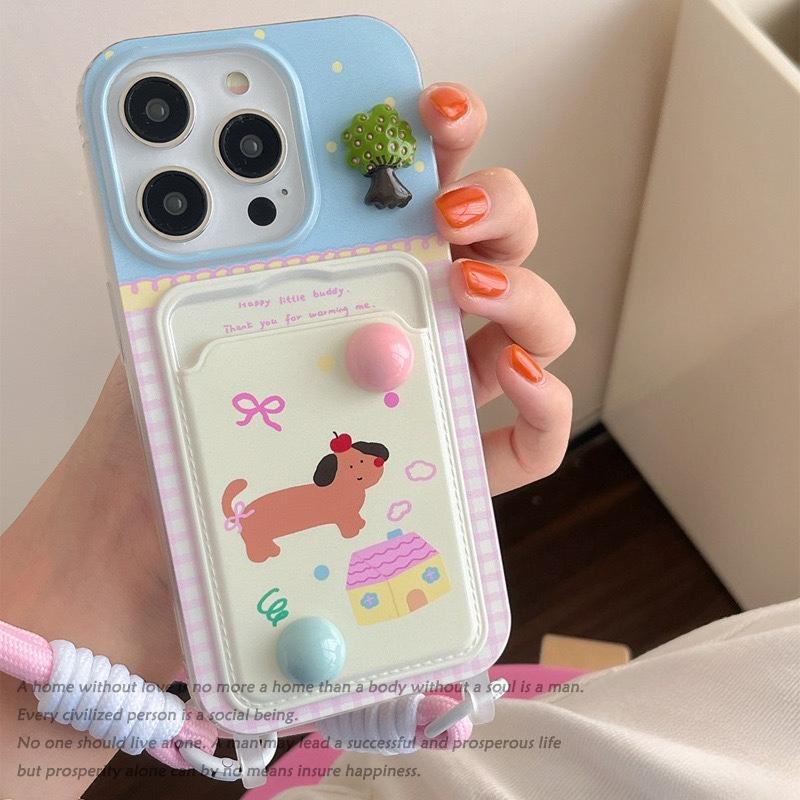 Suitable for Iphone16pro Puppy Cartoon Phone Case Apple 15 Card Case DIY Lanyard Protective Cover Cool and Trendy