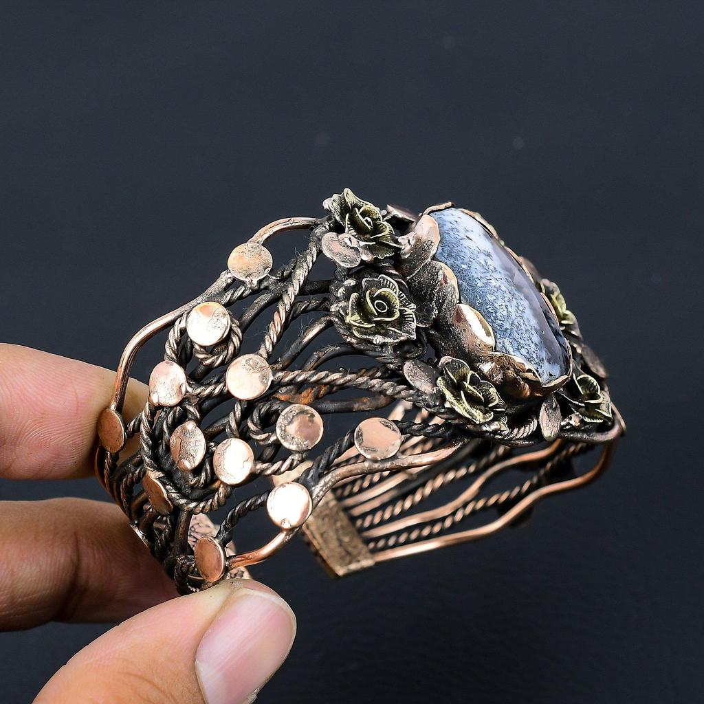 Dendrite Opal Gemstone Pure Copper Wire Wrapped Handmade Cuff/Bangle Jewelry
