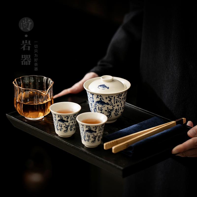 Soda glaze, poetry, mandarin, osmanthus Ercai cover bowl, creative blue and white open slices can be raised, tea bowl, anti-scalding hand-grasping pot