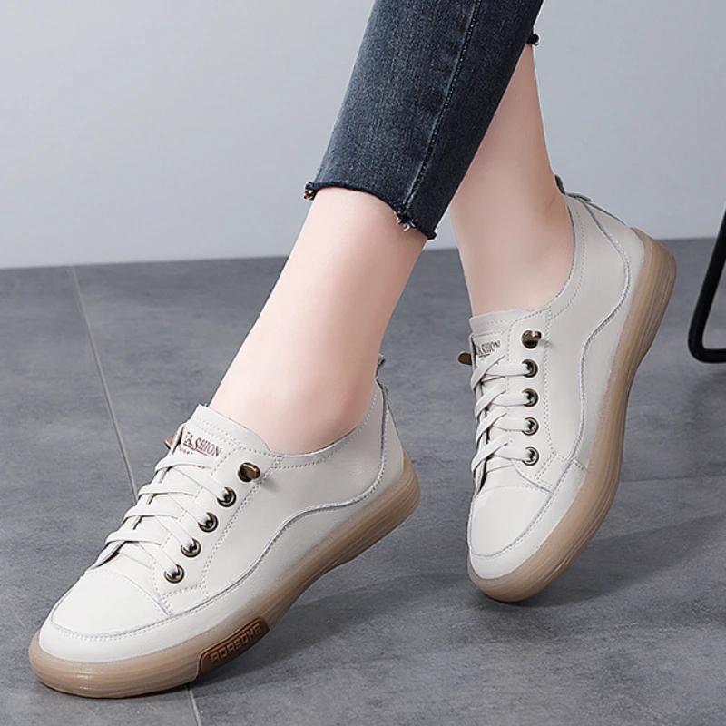 Móda Pravá Kůže Dámské Boty na Chůzi s Měkkou Podrážkou Letní Studentské Běžecké Tenisky Ležérní Bílé Černé Baleríny Dámské Skate Trenéry