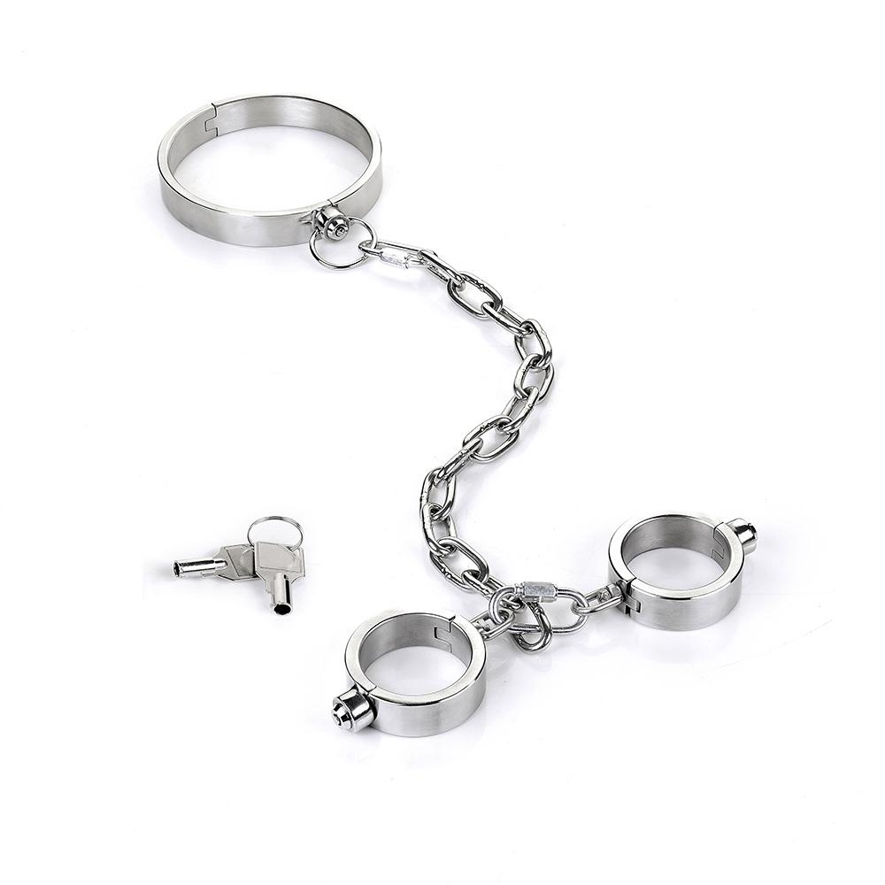 Těžká nerezová ocelová pouta na ruce a kotníky Set Otrok Omezovací sada Kovový obojek Odnímatelná pouta Sexuální hračky pro páry