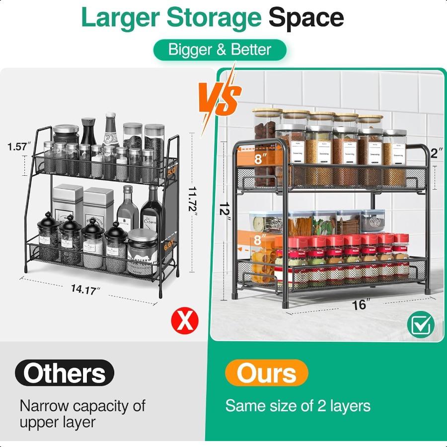 Spice Rack Organizer for CountertopXpatee 2Tier Foldable Metal RustProof Standing Large Seasoning Storage Shelf with Guardrail
