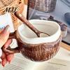 Coconut Shaped Ceramic Mug Vintage Shell Mug, Handmade Irregular Coffee Cup with Spoon, Style Texture Rustic Breakfast Oatmeal Tea for Home