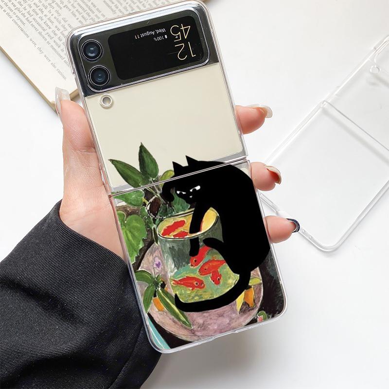 Lovely Cat Playing Fun Fashion Phone Case For Samsung Galaxy Z Flip 3 4 5 6 7 Hard Folding Z Flip4 Clear PC Cover Gift