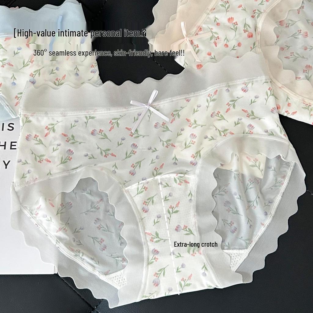 New Floral Ice Silk Girls' Underwear, Mid-Waist Seamless, Cute, Breathable, Hip-Hugging, Thin, Antibacterial Crotch, Pastoral Style