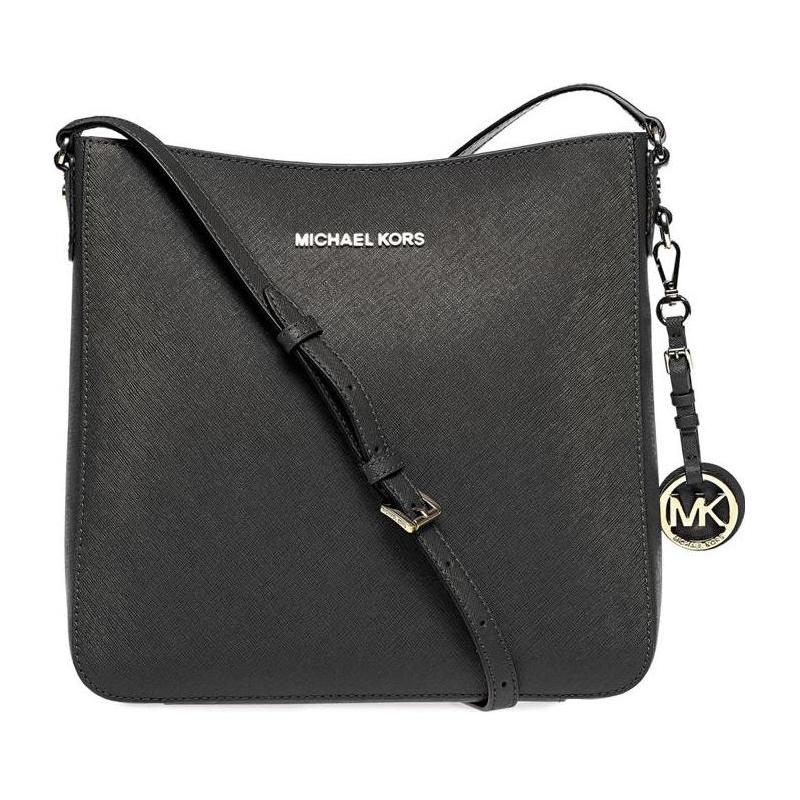 Michael Kors Jet Set Logo Pendant Silver Logo Zipper Leather Messenger Bag Shoulder Bag Women's Black