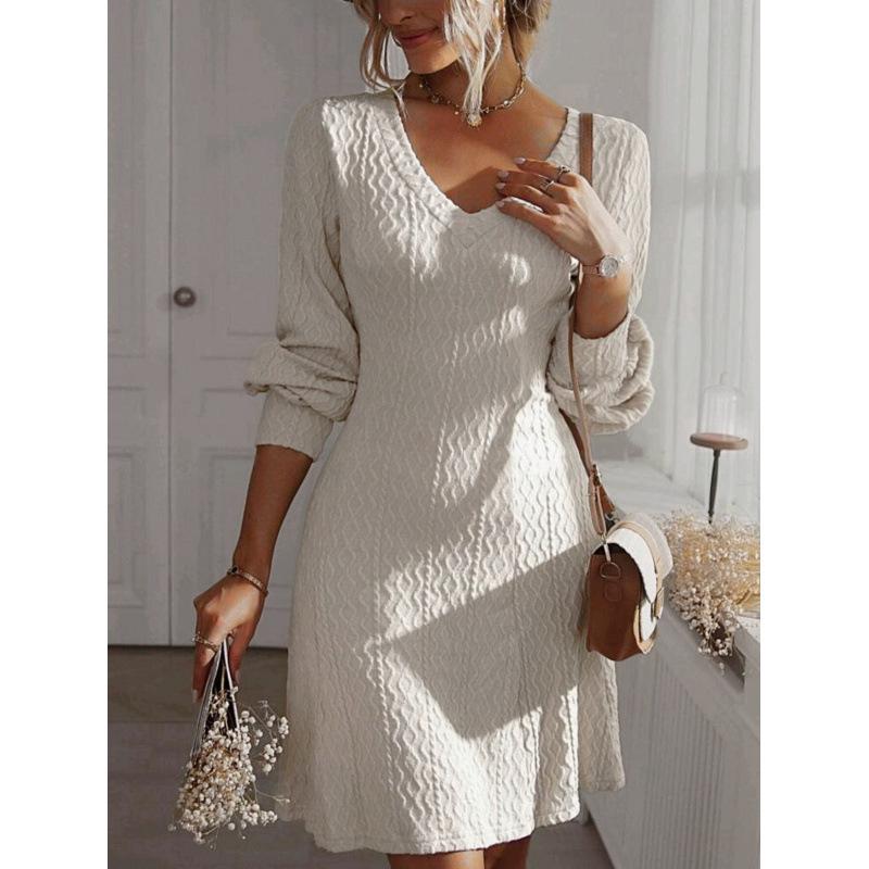 Elegant French V-neck A-line Textured Autumn Dress - Women's Long Sleeve Solid Color