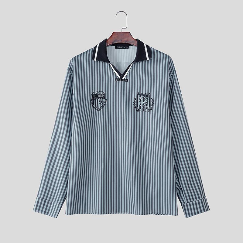 

INCERUN Oversized Men Lapel Long Sleeve Striped Letter Print Casual Loose Tops T-Shirts 4XL синий