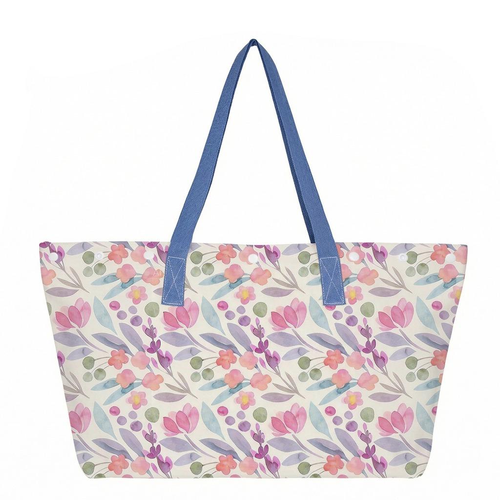 Floral Print Canvas Tote Bag Large Capacity Shopping Bag Eco Friendly Grocery Bag Portable Shoulder Bag Travel Beach Bag