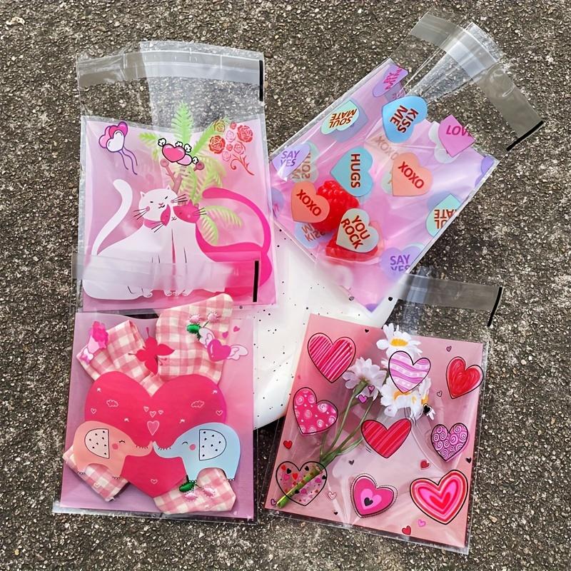 60pcs Romantic Heart Pink OPP Self-adhesive Bag Candy Small Gift Packaging Bag Couple Wedding Party Festival Gift Decoration Bag Supplies