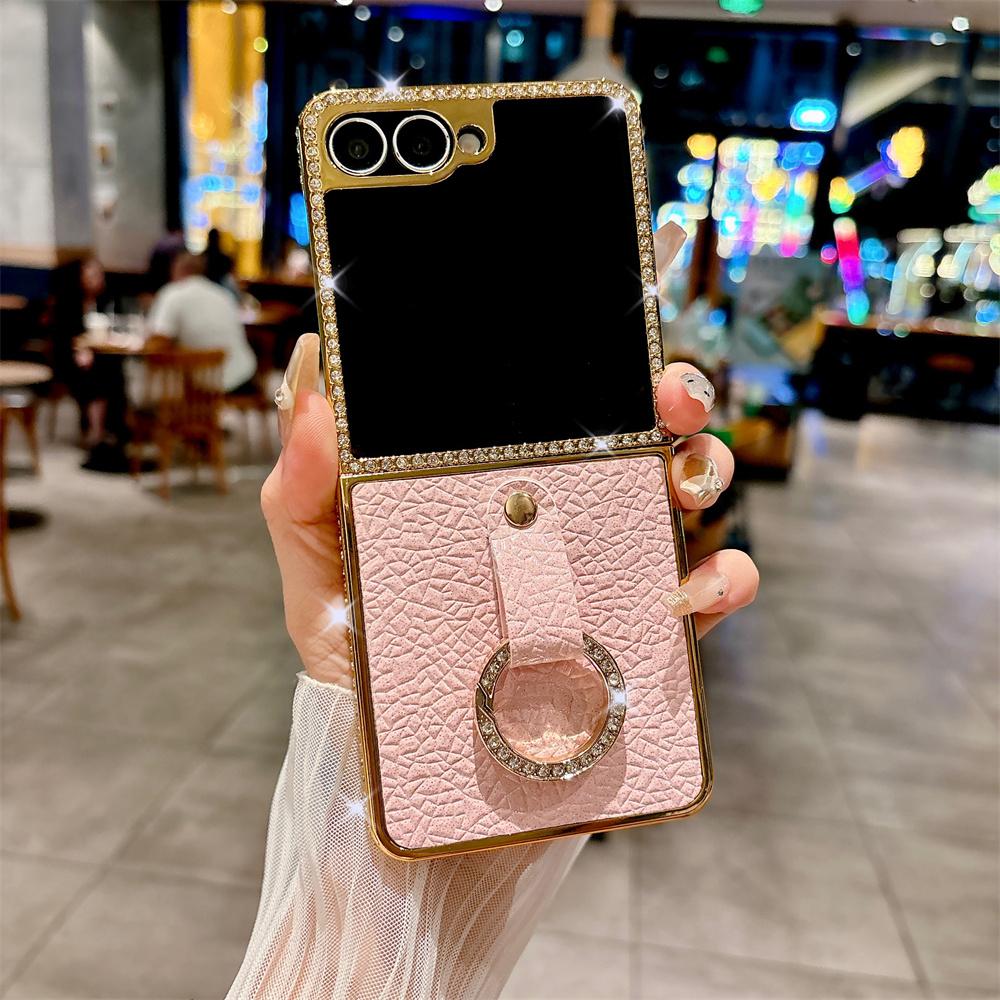 Luxus Strass Beschichtet Rahmen Litschi Leder Handyhülle Für SAMSUNG Z Flip 7 6 5 4 3 Fingerring Unifarbene Schutzhülle