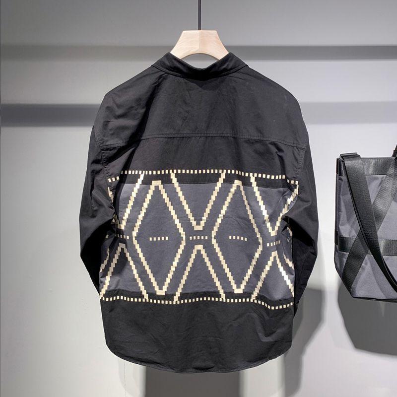 New Spring and Autumn Fashion Retro Geometric Pattern Contrast Panel Loose Casual Versatile Oversize Men's Shirt Trend