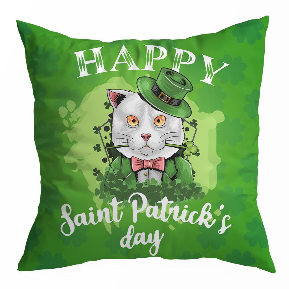 St. Patrick's Day Peach Skin Velvet Pillowcase, Green Four-leaf Clover Printed Sofa Pillow Cushion