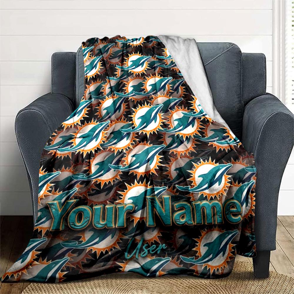 Name Custom Miami Dolphins Logos Print Flannel Blanket High Quality Warm Comfortable Cover for All Seasons Perfect for Gifts Home Decor