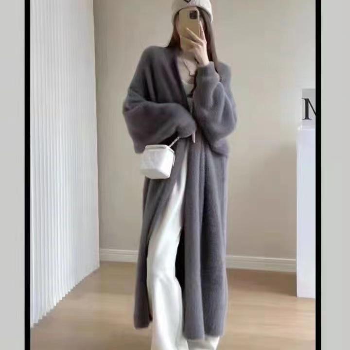 

Длинный кардиган из искусственного норкового бархата - Женское осенне-зимнее вязаное пальто свободного кроя One Size Fits 80-150