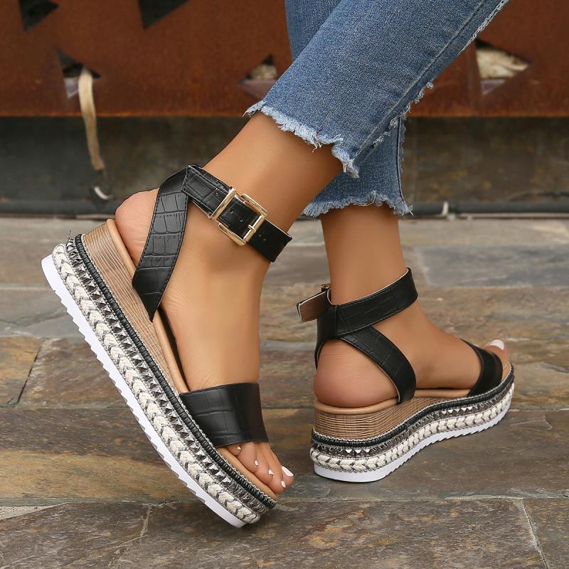 Spring/Summer 2025 Women's Plus Size Hemp Rope Sole Muffin Platform Women's Sandals Women's Buckle Wedge Heel Fishmouth Women's Sandals