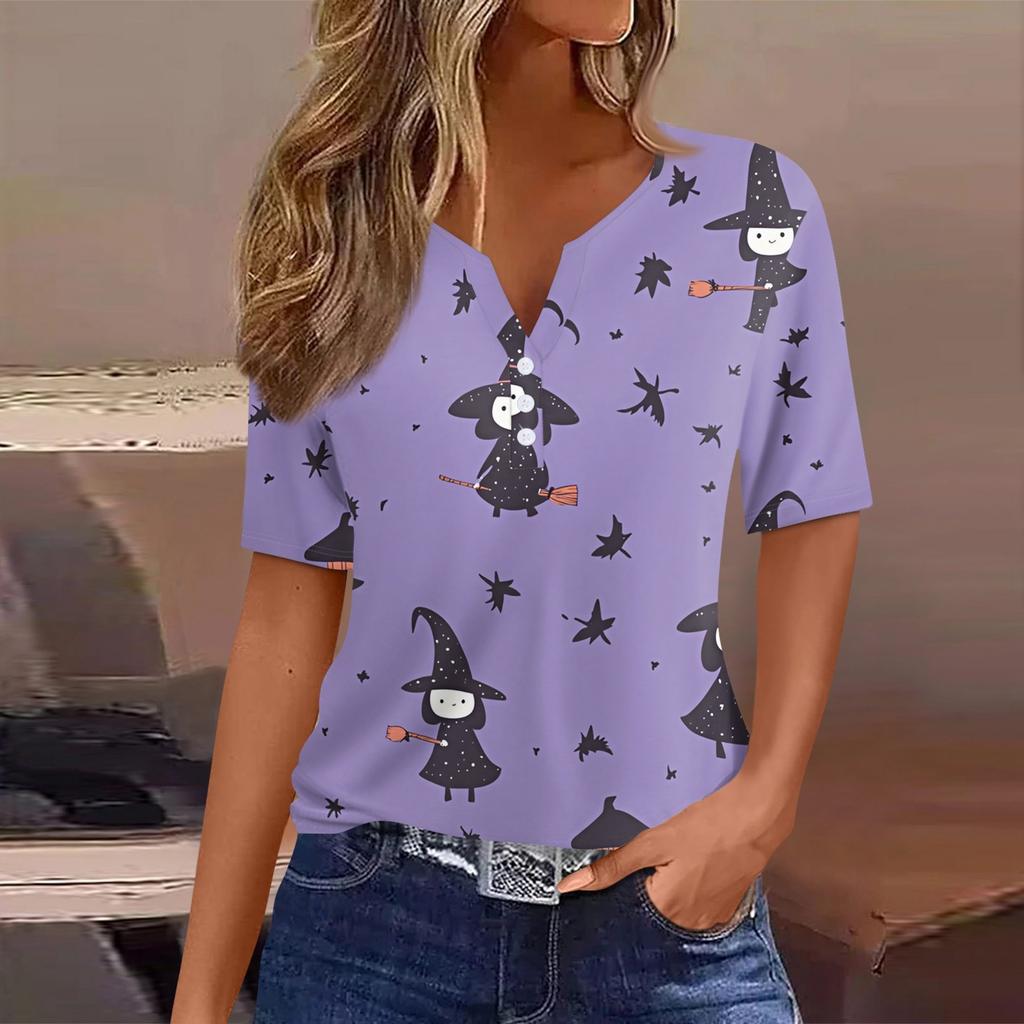 Women's T Shirt Tee Halloween Printed Button Short Sleeve Tunic Daily Weekend Fashion Basic V- Neck Regular Top