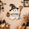 Hanging Door Sign Halloween Wooden Ghost Welcome for Front Door, Rustic Cartoon Hanger Plaque with Pumpkin Wizard Hat And Broom Holiday Party